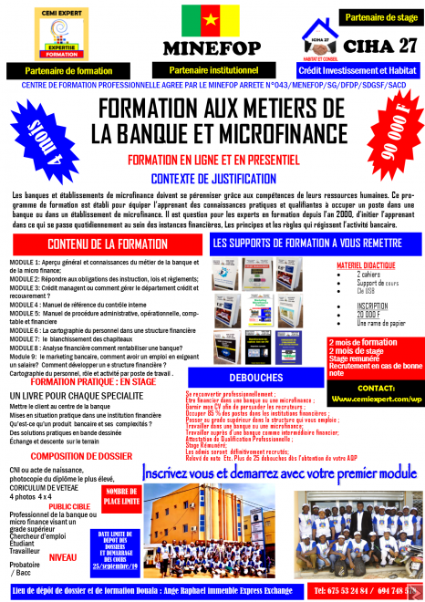 Image principale de Urgent : Formation - Emploi rémunéré en Banque et Microfinance