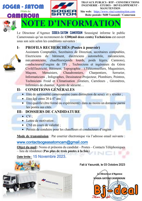Image principale de 1200 TECHNICIENS CHEZ SOGEA SATOM CAMEROUN