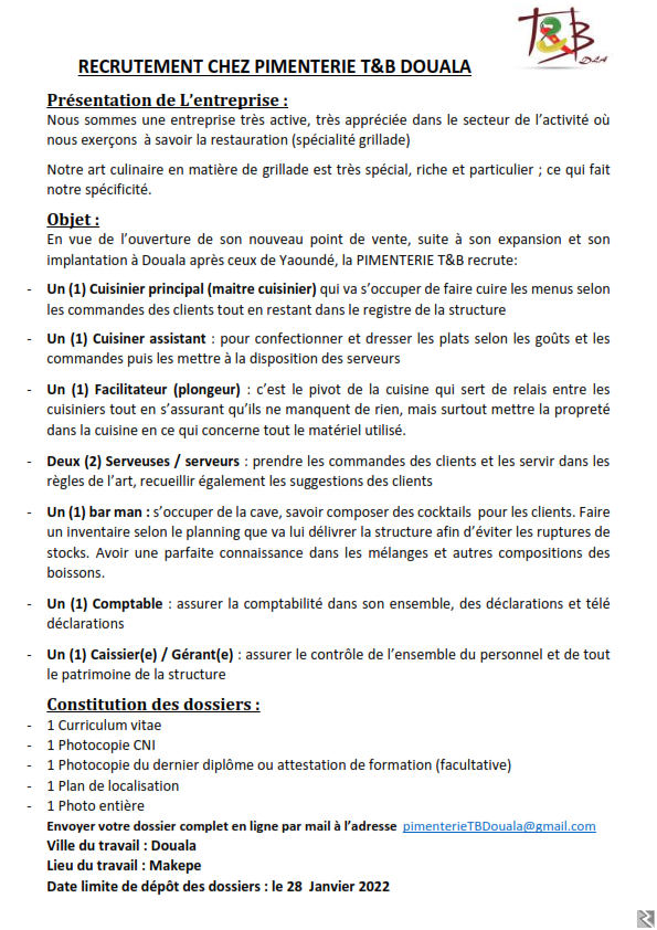 Image principale de RECRUTEMENT CHEZ PIMENTERIE TB DOUALA